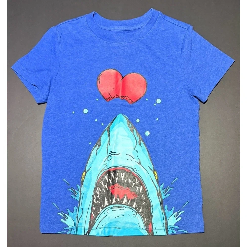 Cat & Jack Boys 2016 Unisex Kids Sz Small 6/7 Blue Shark Heart Valentine's Day‎